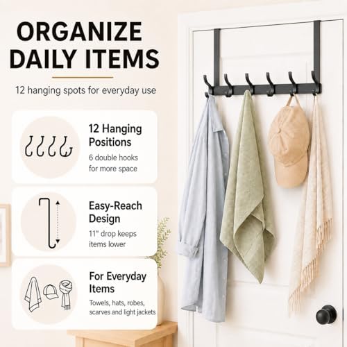 Peasulin Over The Door Hooks, 2 Pack Black 11" Long Door Hanger Racks