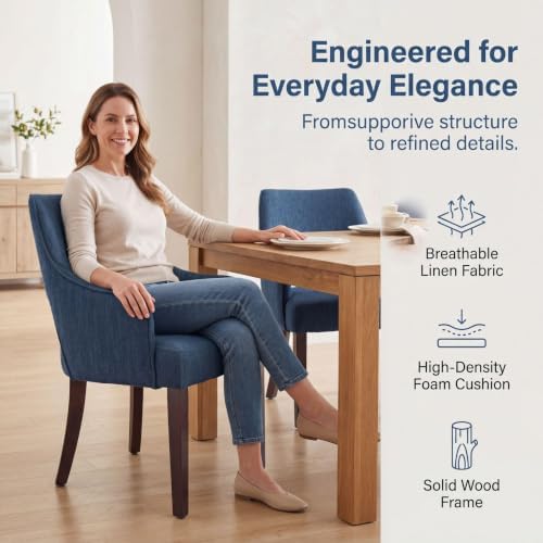 Blue Linen Upholstered Dining Room Chairs Set of 2 with Arms