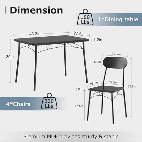 VECELO Dining Table Set for 4, 5-Piece Kitchen Table with 4 Chairs, MDF Board Tabletop with Metal Frame for Small Space, Compact Dinette, Breakfast Nook, Matte Black