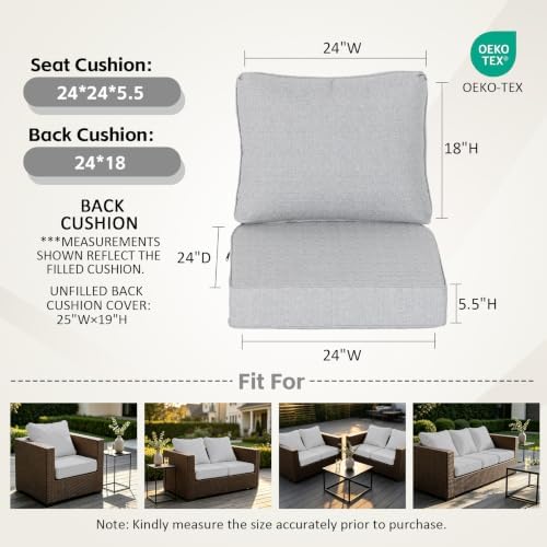 24x24 Inch Outdoor Deep Seat Cushions Set of 2, Curved Cushion Cover, Flat Th...