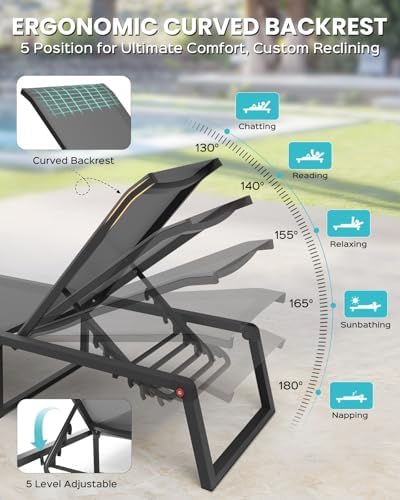 Aluminum Chaise Lounge Chair Outdoor, Foldable& No Assembly Patio Pool Lounge Chairs 5-Position Recliner for Outside, Fully Grounded Legs Sun Lounger for Poolside, Dark Grey