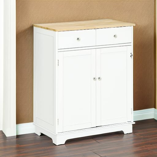 HOMCOM Sideboard Buffet Cabinet Solid Wood Countertop White