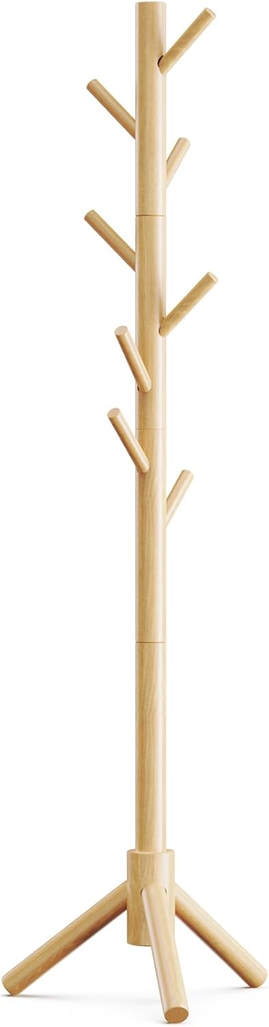 Pipishell Solid Wooden Coat Rack Freestanding with 8 Hooks, Natural