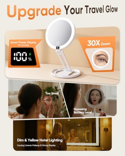 Travel Makeup Mirror with Lights - 1X/30X Magnifying Double Sided Mirror