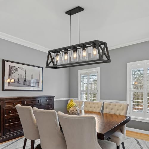 Dining Room Light Fixture, 5 Light, Black, Adjustable, Thickened, Trapezoid