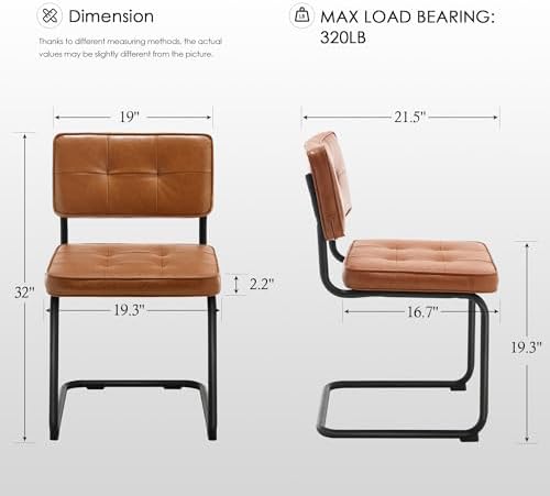 Zesthouse Industrial Metal Dining Chairs Set of 2, Upholstered Leather Kitchen Chairs with Black Metal Base, for Kitchen & Dining Room Living Room, Mid Century Breuer Design Inspired, Armless, Brown