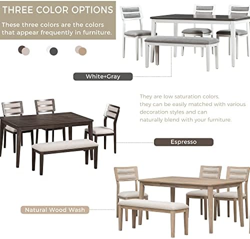Harper & Bright Designs Kitchen Dining Table Set for 6, Classic and Traditional Style 6 Piece Kitchen Dining Table Set, 4 Upholstered Chairs & Bench (White+Gray)