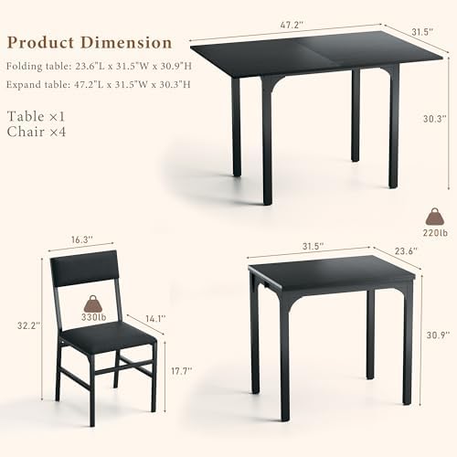 HUAHUU Dining Table Set for 4, Extendable Kitchen Table Cushion Chairs Set of 4, Rectangle Dining Table with Metal Frame & MDF Board, Folding for Small Apartment Saving Space, Black