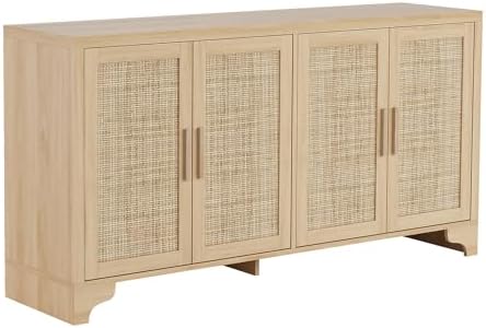 GarveeHome 4-Door Sideboard Buffet Cabinet, Natural Rattan Storage Cabinet, Boho Entryway Console Table, Coffee Bar Station for Dinning Room, Living Room, Kitchen