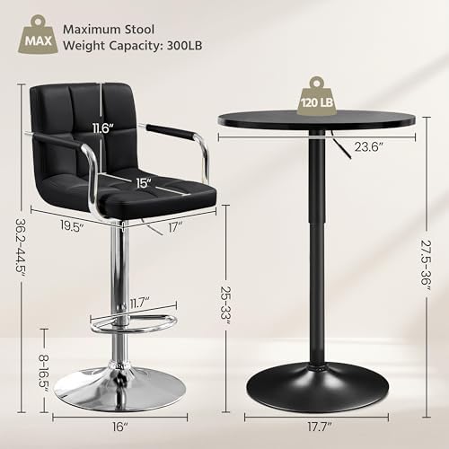 Yaheetech 3-Piece Bar Table and Stools, PU Leather Full Black