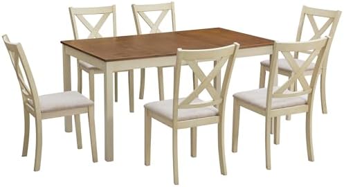 AMERLIFE 7-Piece Farmhouse Solid Wood Dining Table Set for 6, Rustic Cream