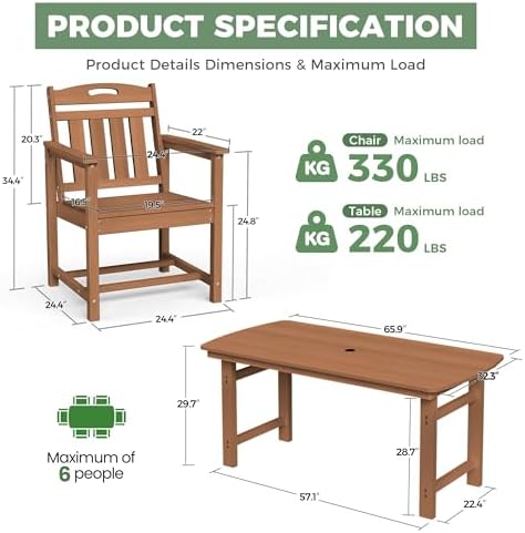 HDPE Outdoor Dining Set, Patio Table and 4 Chairs, 2" Umbrella Hole, Teak