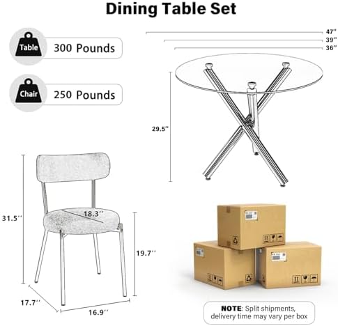 Gold Round Glass Dining Table Set for 4, 36'' Small Modern Kitchen Table Set with 4 White Gold Boucle Upholstered Dining Chairs, 5 Piece Luxury Dining Room Set, Easy Assemble