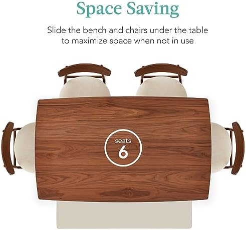 Best Choice Products 6-Piece Wooden Dining Set, Mid-Century Modern Table & Upholstered Chair Set w/Bench Seat, Rubberwood Legs - Walnut/Cream