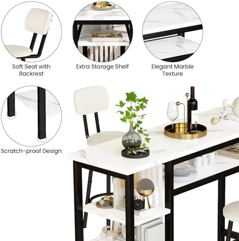 Lamerge Furniture Kitchen Bar Height Table and Chairs for 2, 5-Tier Compact Dining Room Table, White Faux Marble Top and 2 PU Leather Upholstered Seat Black Frame, Modern Dining Set for Home & Office