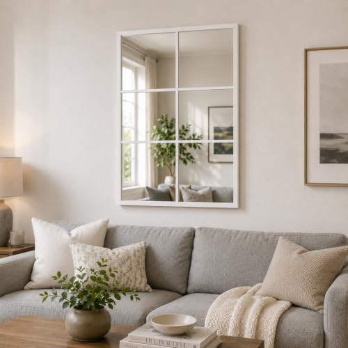 Wall Mounted Mirror, 30"x20" Rectangular Window Pane Mirror (White)