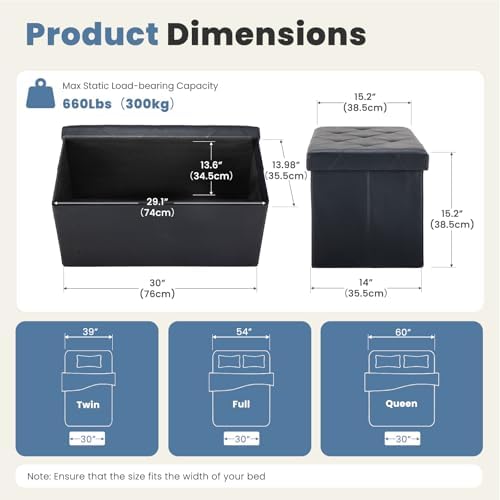DUMOS 30 Inch Foldable Storage Ottoman Bench, Large Ottoman with Storage