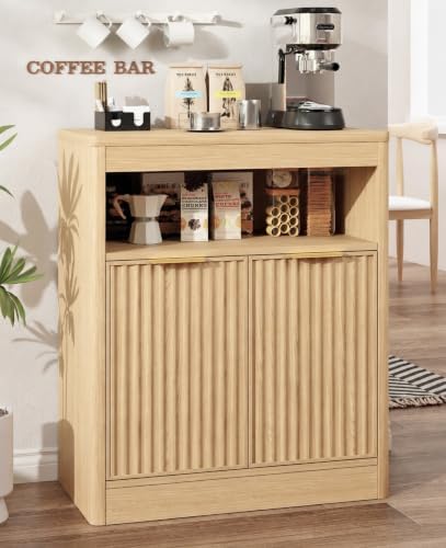 Fluted Buffet Cabinet with Storage, Small Coffee Bar Cabinet with Doors & Adjustable Shelves, Wood Storage Cabinet for Kitchen, Living Room, Entryway, Oak