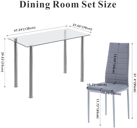 Dining Table Set for 4, 5 Piece Kitchen Table and Chairs for Dinette, Apartment, Compact Space-Saving w/Tempered Glass Tabletop and 4 Upholstered Chairs, Clear/Silver+Slate Gray