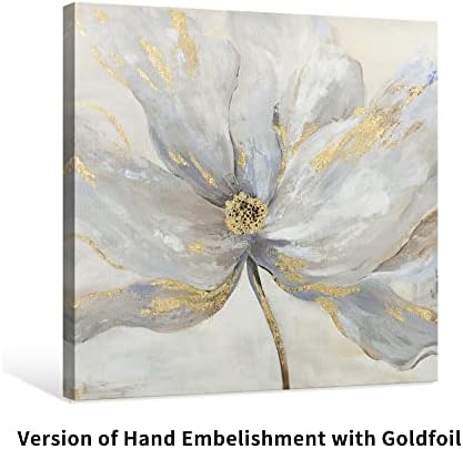 Goldfoilart Floral Wall Art Gold Flower Canvas Pictures with Foil Embellishme...