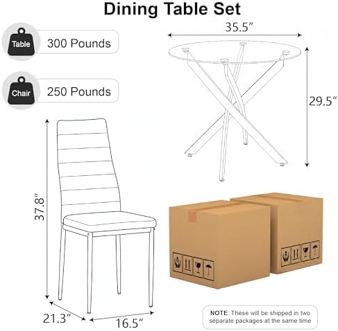 Round Glass Dining Table Set for 4, 35.5'' Tempered Glass Top Kitchen Table with 4 Upholstered Chairs, Space Saving Dinner Table Set for Small Apartment Dining Room, Silver & White
