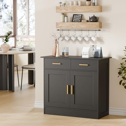 Buffet Cabinet with Storage - Buffets & Sideboards Kitchen Storage Cabinet, Wood Console Table Coffee Bar Accent Cabinets for Living Room Dining Room Entryway Small 2 Doors & Drawers, Black 35.4"W