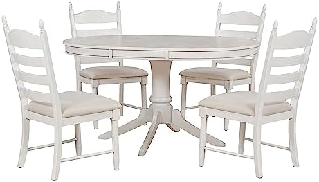LUMISOL 5-Piece Solid Wood Dining Table Set for 4, Farmhouse Kitchen Table Set with Extendable Round Table & 4 Upholstered Chairs for Kitchen, Dining Room, Small Space, Antique White