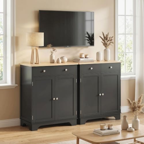 HOMCOM Sideboard Buffet Cabinet Solid Wood Countertop Black