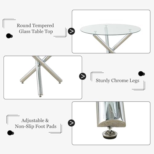 Modern Silver Round Glass Dining Table Set for 4, 36'' Luxury Minimalist Circle Dinette Room Set, 5 PCS Clear Circular Glass Top Kitchen Set, Black High-end Tufted Chairs, for Small Place