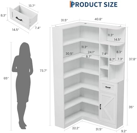 Garvee 74'' Tall Corner Bookshelf- 6-Tier Book Shelf with Drawer & Cabinet