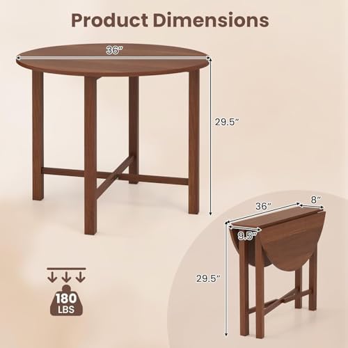 GIANTEX 36" Folding Dining Table for 2-4, Extendable Drop Leaf Kitchen Table with Solid Rubber Wood Frame, Space-Saving Round Dinner Table for Small Space, Living Dining Room, Dinette, Walnut