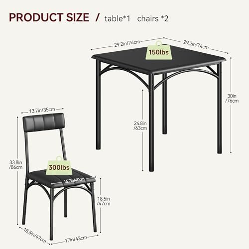 GAOMON Dining Table Set for 2, Kitchen Table and Chairs for 2 with Upholstered Chairs, 3 Piece Dining Room Table Set, Square Kitchen Table Set for Small Space, Apartment, Studio, Rustic Black