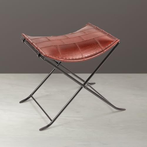 Creative Co-Op Collapsible Leather and Metal Stool, Russet Brown