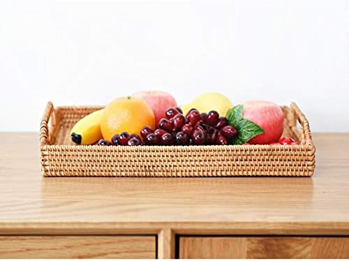 Hand-Woven Rattan Rectangular Serving Tray with Handles for Breakfast, Drinks...