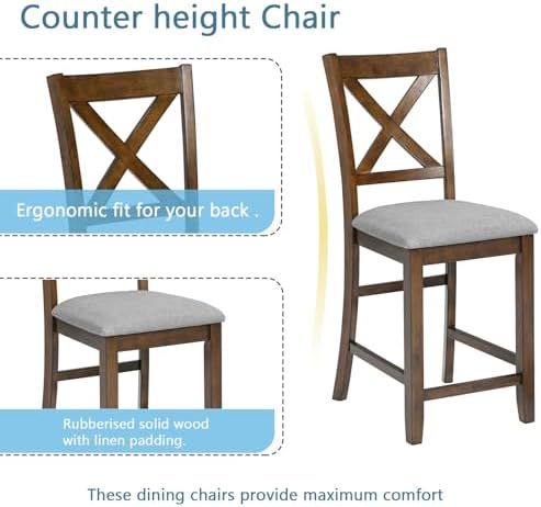 LUMISOL Dining Table Set for 4, Farmhouse Counter Height Kitchen Table Set with 4 Upholstered Chairs, 5-Piece Solid Wood Table and Chairs Set for Kitchen, Dining Room, Small Space, Walnut