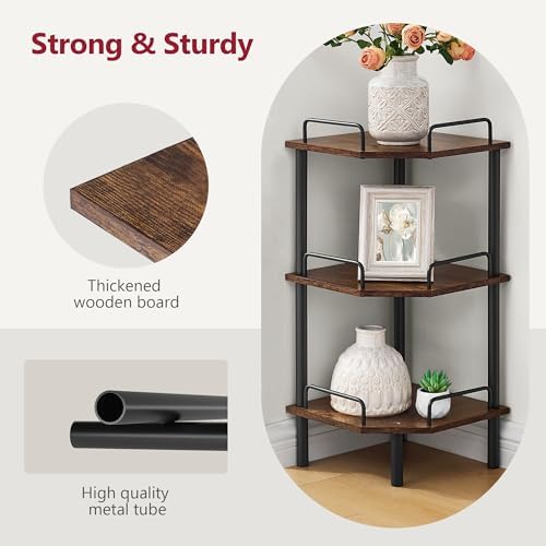 Tajsoon 3 Tier Corner Shelf Stand, Small Corner Table, Rustic Brown