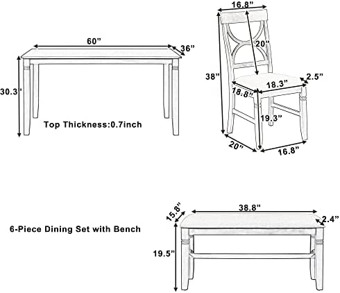 LUMISOL 6 Piece Farmhouse Dining Table Set with Bench, Gray Wash+White