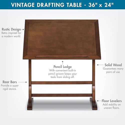 Studio Designs Vintage Rustic Oak Drafting Table, Top Adjustable Drafting Table Craft Table Drawing Desk Hobby Table Writing Desk Studio Desk, 36''W x 24''D