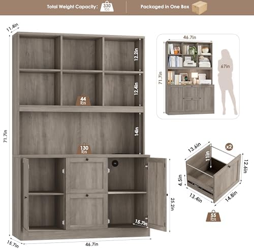 HIFIT 72'' Tall File Bookcase with Outlet & Printer Stand, 2 Filing Drawers