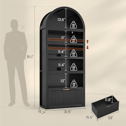 81" Tall Arched Cabinets,Bookcase with Drawer storage,Mid-Century Modern 5-Tier Bookshelf,2 Book Risers and Adjustable Shelves offering more storage space for Living Room,Kitchen,Home Office,Black