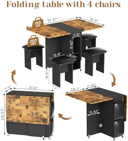 AWQM Folding Dining Table Set for 4, Storage Folding Table & Chair, Walnut