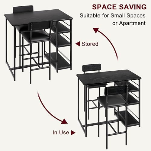 Dining Table Set for 2 with 3 Storage Shelves, 3-Piece Counter Height Kitchen Table Set with 2 Upholstered Bar Stools, Bar Table and Chairs Set for Small Space, Black