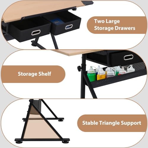 JupiterForce Drafting Table Art Desk with 2 Storage Drawers, Height Adjustable Drawing Table for Painters, Working, Writing, Home Office, Natural
