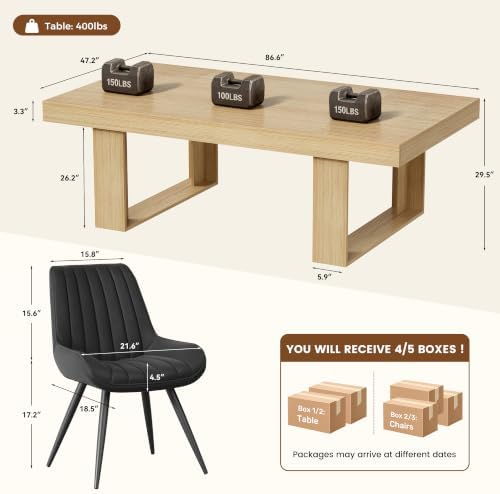 Miereirl 7-Piece Modern Farmhouse Dining Table Set, 86.6" x 47.2" Sturdy Stable Dining Table with 6 Chairs, Rectangular Kitchen Table Set for 6,(Natura Table+6 Black Chairs)