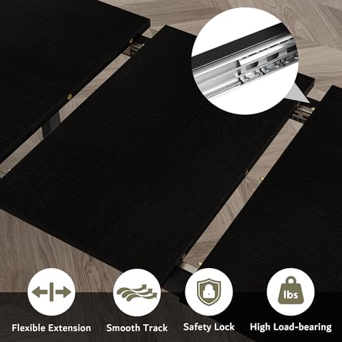 iPormis 5-Piece Dining Table Set for 4-8 People, Extendable Kitchen Table Set with 2 Benches and 2 Square Stools, Mid-Century Dining Room Table with Metal Frame & MDF Board, Saving Space, Black