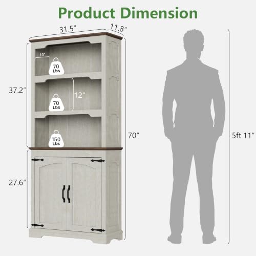 70'' Farmhouse White Bookcase Bookshelf, 5-Tier Bookcase with Doors Storage