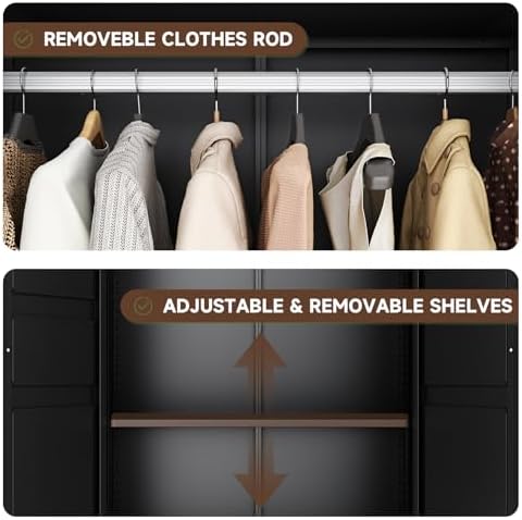 Letaya Metal Armoire Wardrobe Closet with Drawers,Clothing Storage Cabinet with Doors and Shelves,Coat Closet with Hanging Rod,Bedroom,Home,Cloak Room,Black-71 H x 32" W x 18" D