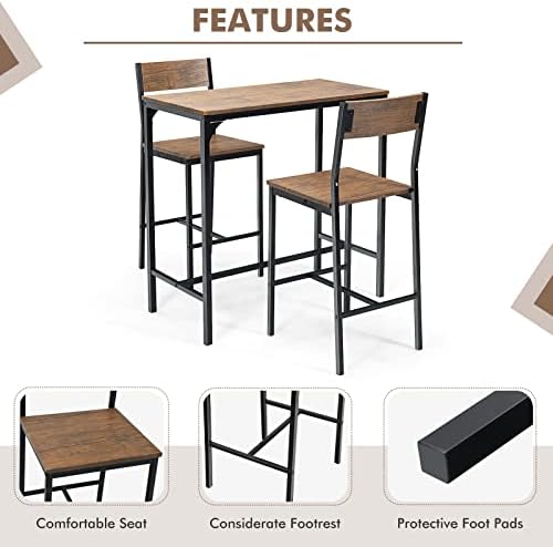 GIANTEX 3 Piece Pub Table Set, Bar Table and Chairs Set of 2, Kitchen Counter Height Dining Table Set, Dinette Set for Small Space Apartment Breakfast Nook Restaurant, Rustic Brown