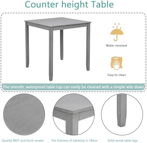 LUMISOL 5-Piece Solid Wood Table Set for 4, Farmhouse Counter Height Kitchen Dining Table Set with 4 Upholstered Chairs for Kitchen, Dining Room, Home Bar, Grey