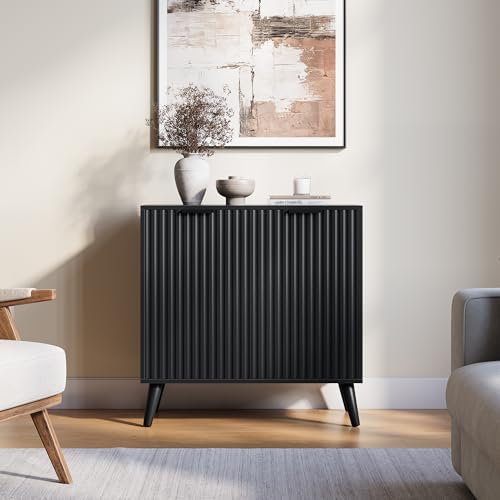 Black Sideboard Buffet Cabinet with Storage, 2 Doors Modern Fluted Buffet Cab...